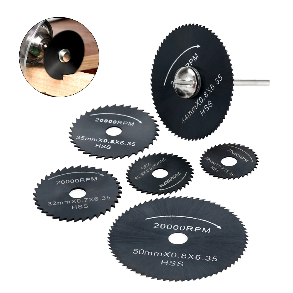 

6pcs HSS Circular Saw Blades High Speed Steel Circular Rotary Blade Wheel Discs Tools Kit Set with 1/8 Shank for Cutting Wood