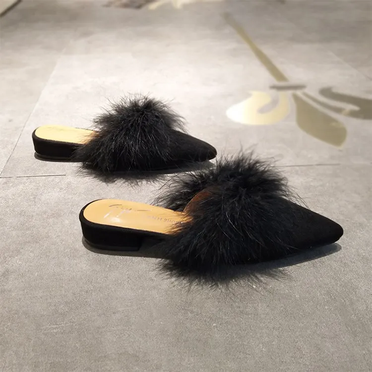 SLHJC Women Fur Slippers Flat Heel Pointy Toe Autumn New Arrival Casual Mules Outside Casual Cozy Flats Slides