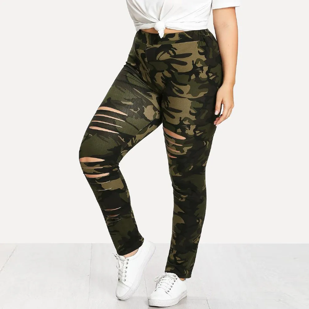 

Fashion Plus Size Womens Camouflage Leggings Elastic Waist With Holes For Workout Fitness Bodybuilding Modis Femme Trousers New
