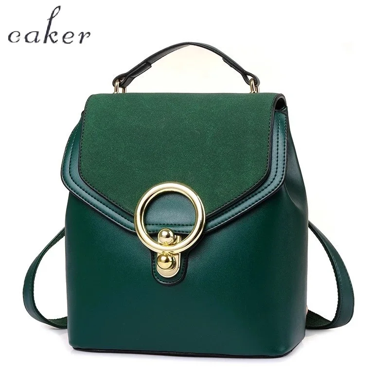 Caker 2017 Women PU Scrub Mini Backpack Black Green Preppy Style School Bags With Ring Female