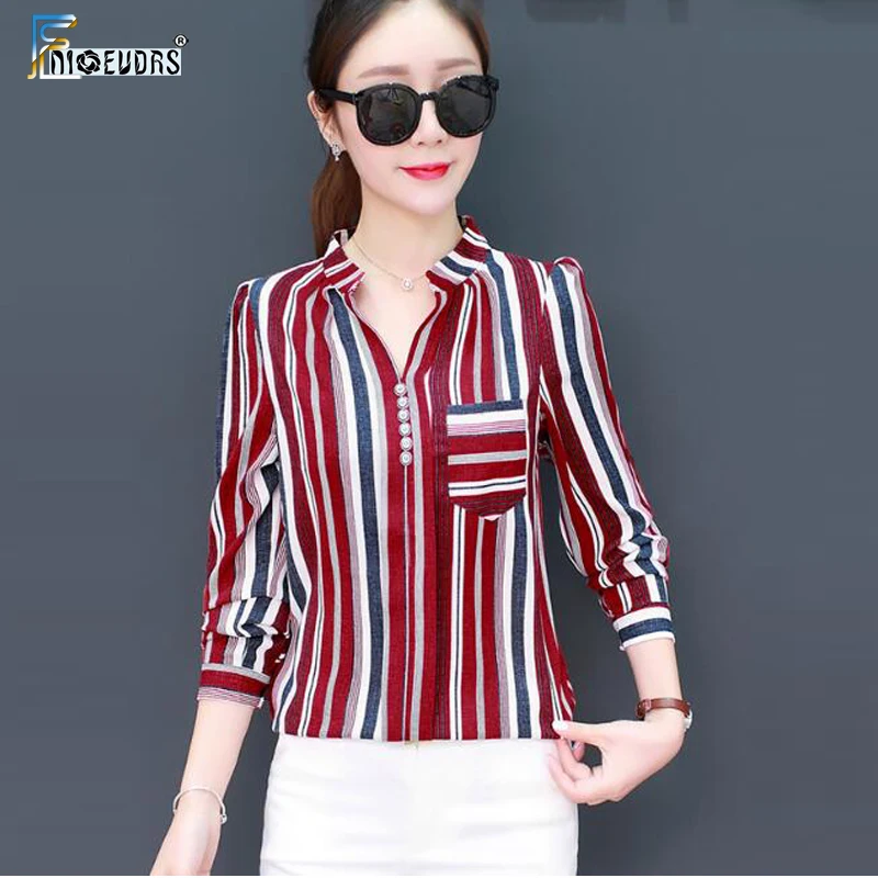

2019 Spring Design Button Tops Blouses Hot Women Fashion Long Sleeve V Neck Shirts Red Yellow White Button Striped Shirt F622