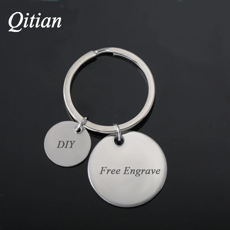 

Qitian Free Engraved Name Round Key Chains Stainless Steel Charm Bag KeyChain Perisonlized Gift Double Side DIY Custom Jewlery