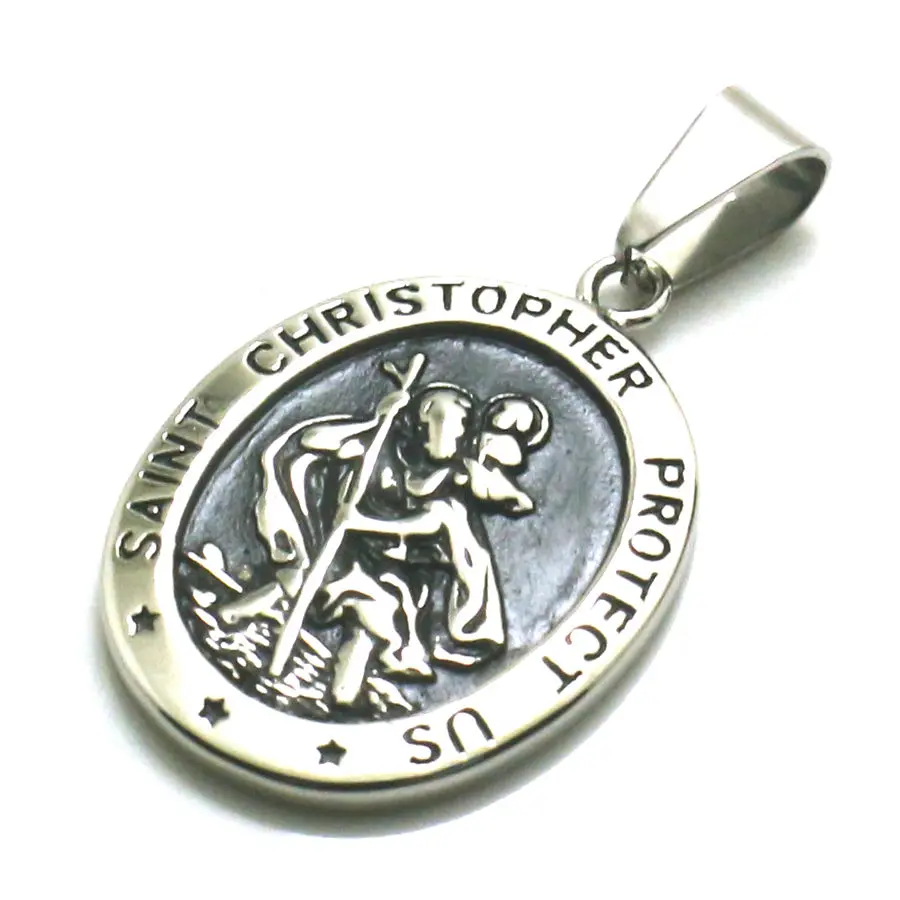 Saint Christopher Carrying the Christ Child Unisex 316L Stainless Steel Cool Saint Christopher Protect Us Silver Pendant