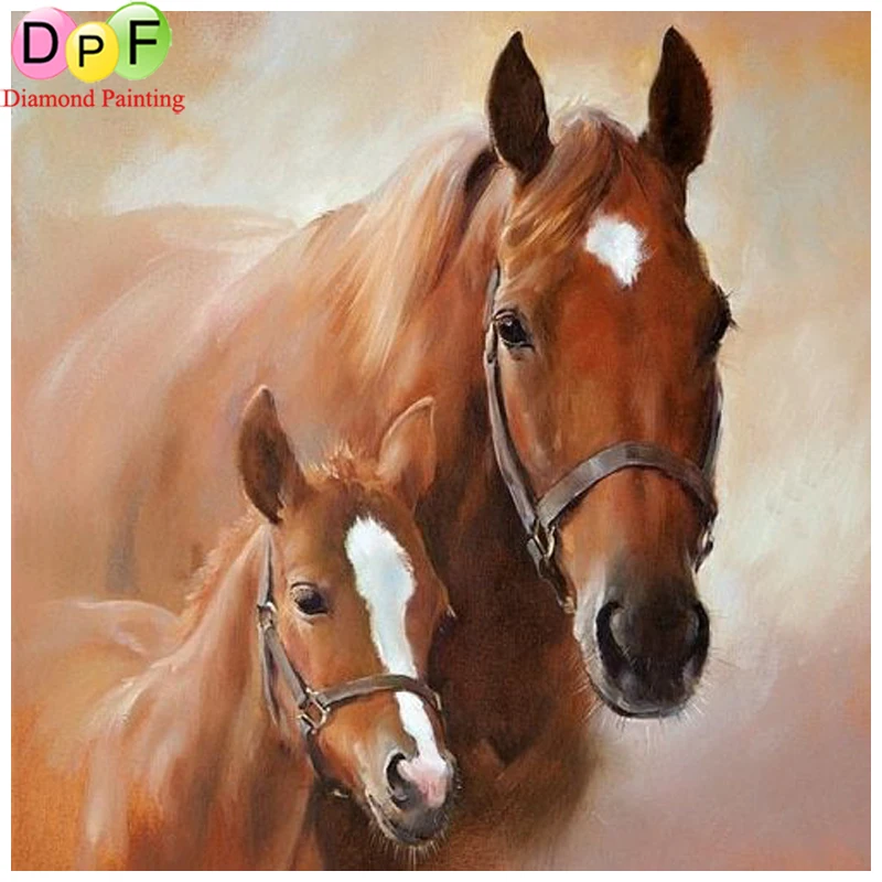 

DPF Round full Diamond embroidery Two brown horses diamond cross stitch diy diamond painting home Decorative painting