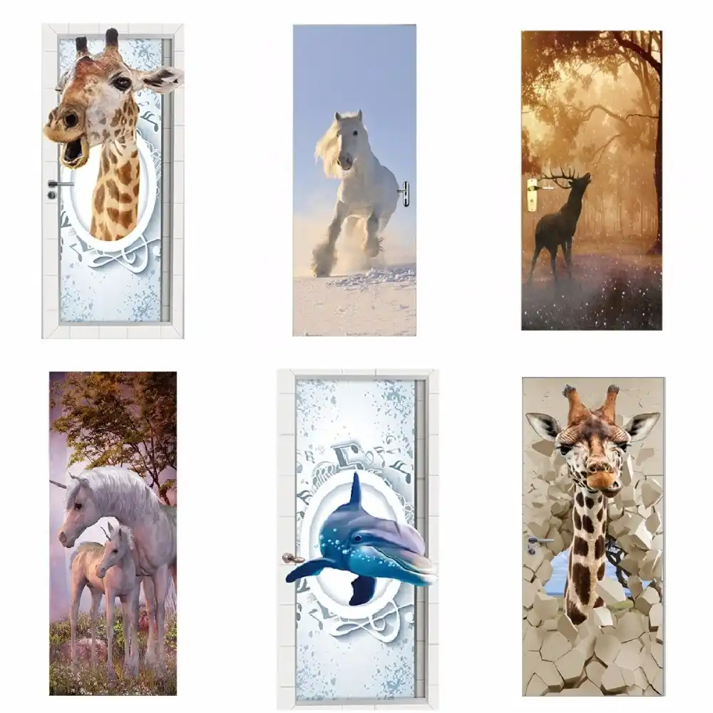 ドアステッカー 3d キリン象虎馬動物リビングルームドア装飾ポスター防水アートの壁紙 ウォール ステッカー Aliexpress