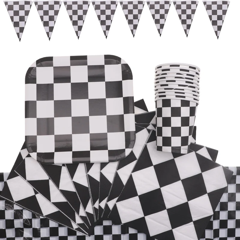 

Black and white plaid chess Party Set Servies Tableware Cup Plate Straw Birthday Candy Box Blow child Shower Party Decoration