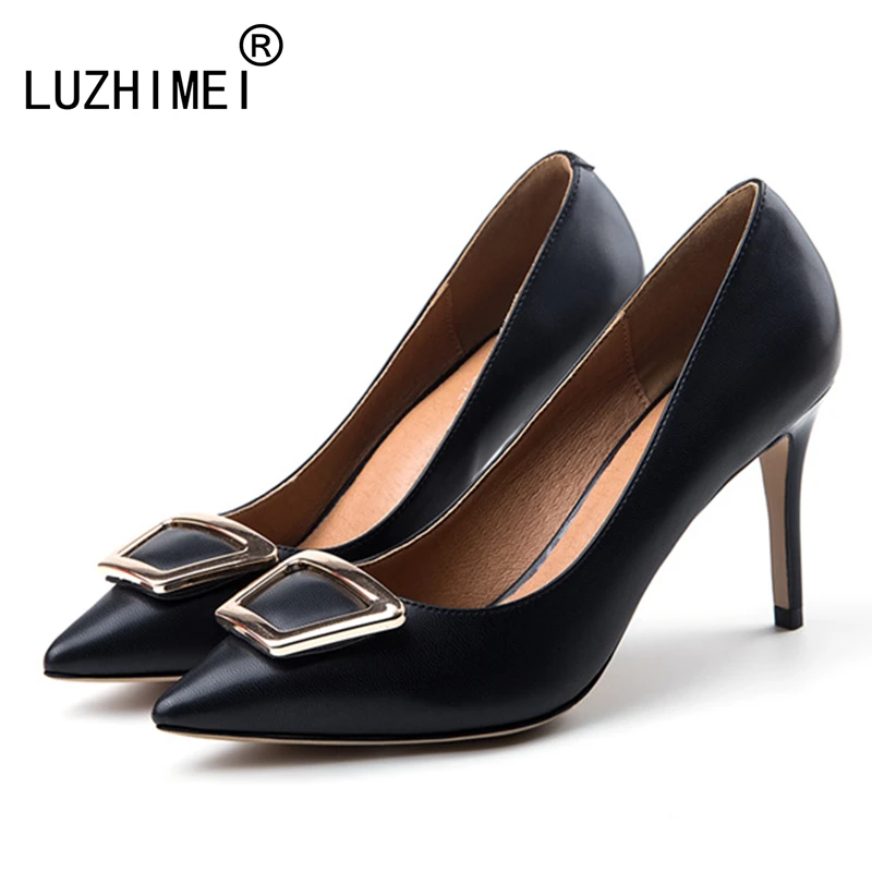 

LUZHIMEI fashion PU Pointed toe shoe Metal decoration luxury Banquet shoes 9.5cm Fine heel shoes Cozy elegant Dress shoe woman