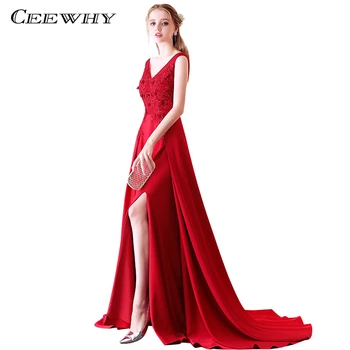 

CEEWHY V-neck Backless Appliques Evening Dresses Vestido Longo Long Prom Dresses Abendkleider Evening Gown Vestido de Festa