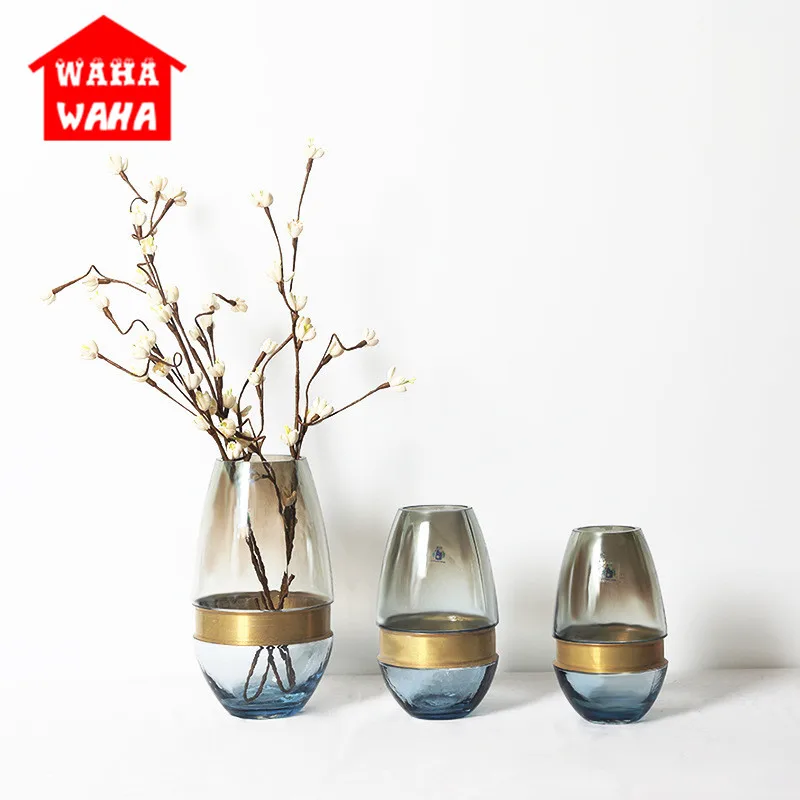 Прозрачная стеклянная ваза в скандинавском стиле с золотым медным кольцом, цветочные вазы для гостиной, стола ручной работы, стеклянные цветочные композиции, домашний декор