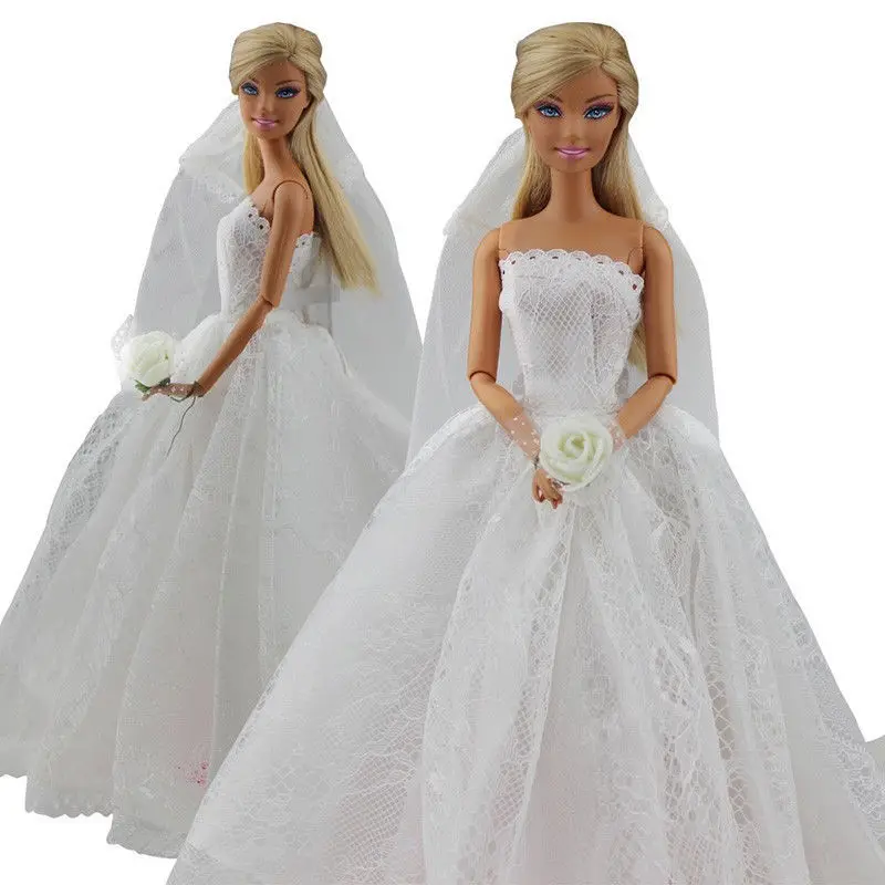 Saleaman Wedding Dress for Pretty Doll Princess Evening Party Clothes Wears Long Dress Outfit Set for Barbie Doll with Veil Saleaman Wedding Dress for Pretty Doll Princess Evening Party Clothes Wears Long Dress Outfit Set for Barbie Doll with Veil