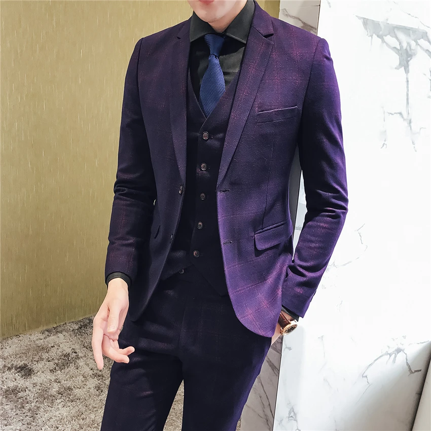 High-end-Männer Anzüge Wein Rot Navy Blau Mode Business Casual männer Karierten Anzug Jacken mit Weste mit hosen