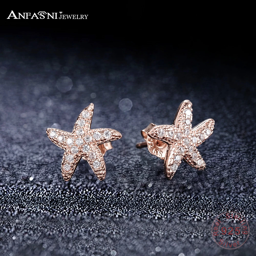 

ANFASNI NEW 925 Sterling Silver Sea Star Stud Earrings For Women Micro Pave AAA Cubic Zirconia Rose Gold-Color Jewelry Gift