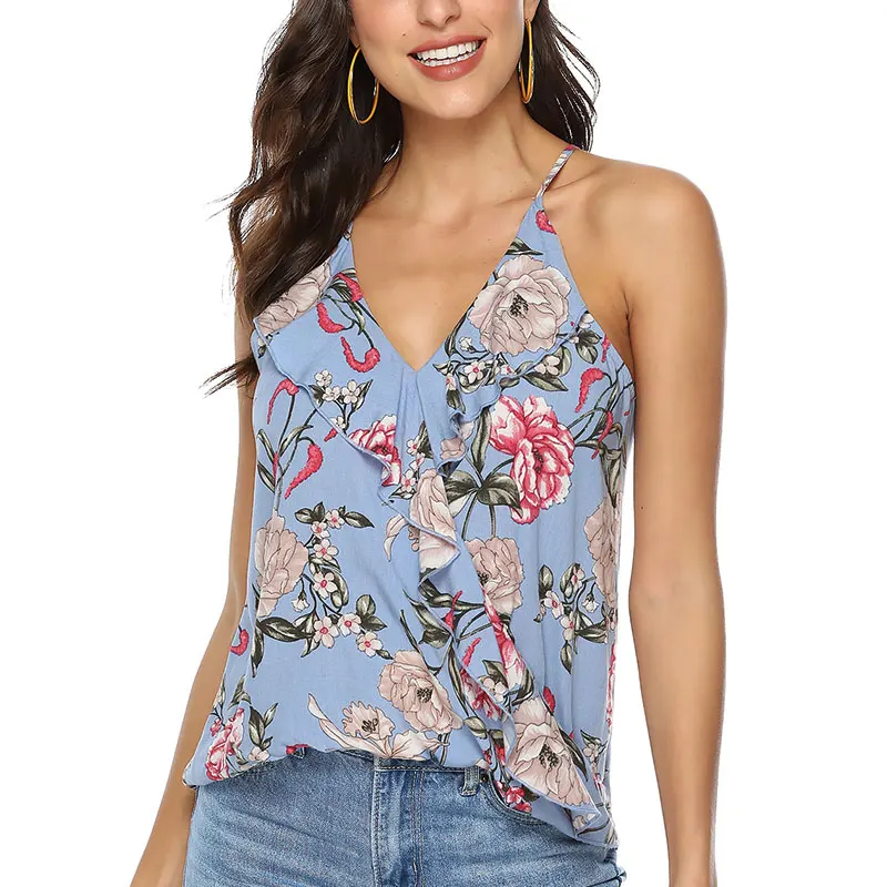 

V-neck Short-sleeved Top V-neck Ruffled Printed Loose Halter Tops New Beach Style Women's Clothing