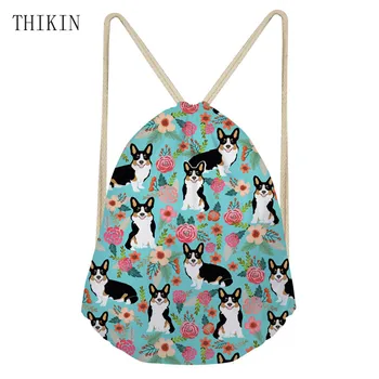 

THIKIN Brand Women Backpack Cute Corgi Pattern Sports Bag Students Flowers Dog Draw-string Swimming Unisex Beach Bolsos Teen
