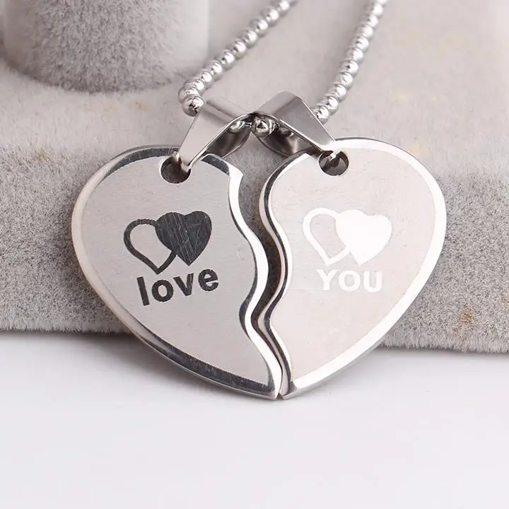 

free shipping Lovers wave Double hearts LOVE YOU 316L Stainless Steel pendant necklaces for men women wholesale