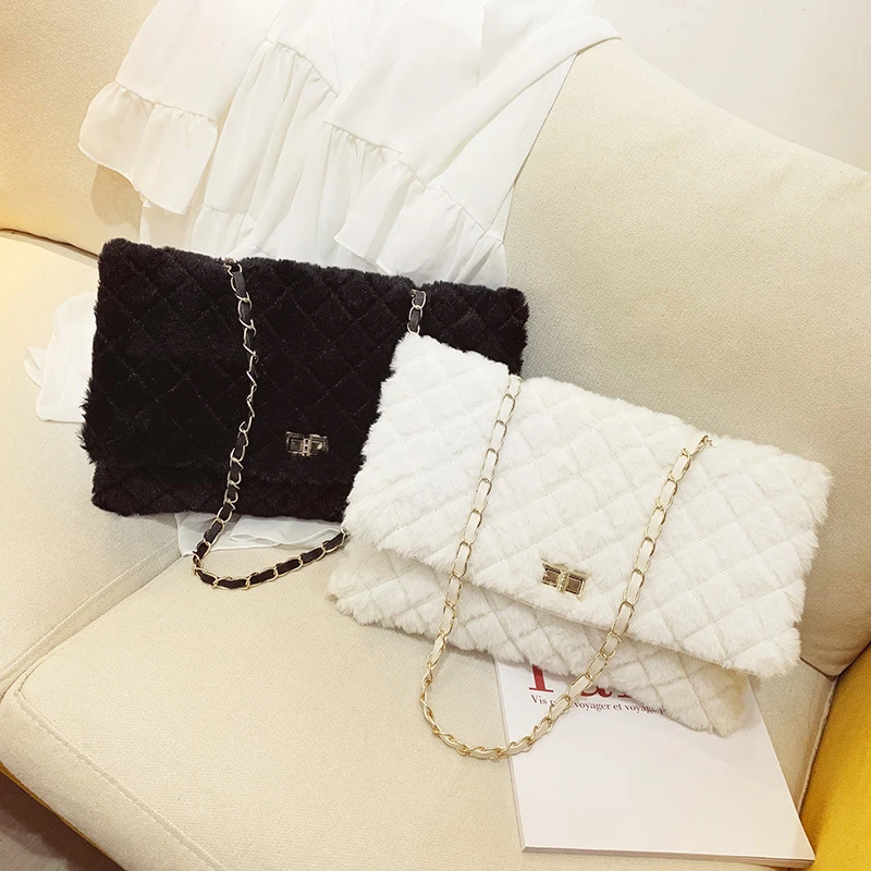 

WKKGO New Fashion Envelope Clutch Pack Women Evening Purse Winter Hair Shoulder Messenger Crossbody Bag Lady Chain Party Handbag