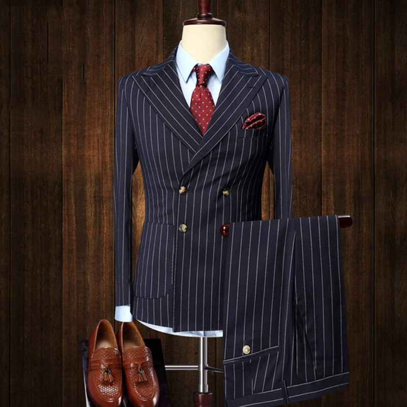 

mens suits 2 pieces Vintage Double Breasted Suit Blue White Stripe Terno Slim Fit Large Lapels Wedding Groom Tuxedo Tailcoat Men