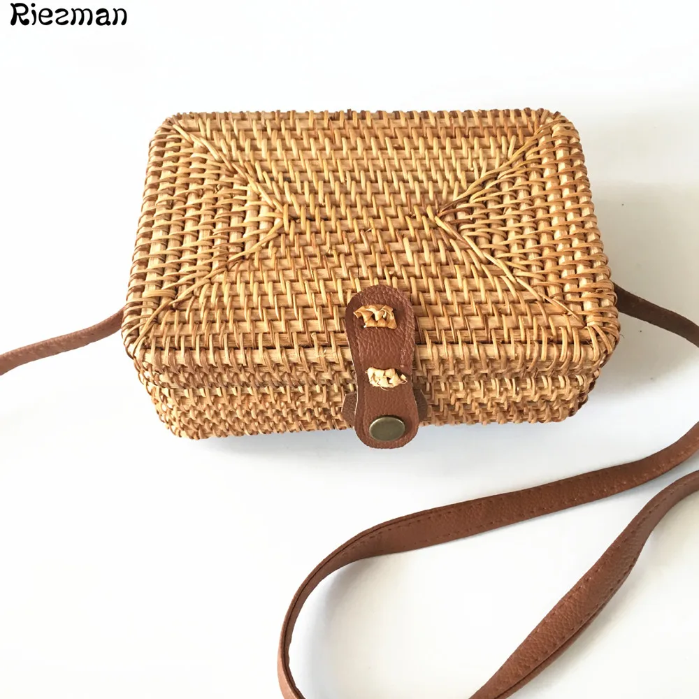 

Bohemian Women Handbags Summer Beach Bag Fashion Square Leather Buckle Rattan Shoulder Bag Handmade Woven Crossbody Straw Bags