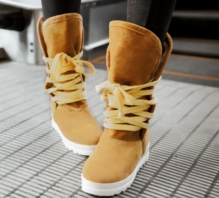 

large size 34-43 thick bottom flat heel women shoes casual lace up add warm fur woman snow boots black yellow