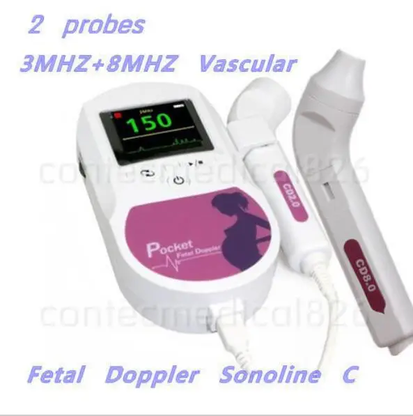 3MHz+8MHz Probes pink Contec SONOLINE C Pocket Fetal Doppler Prenatal Baby Heart Monitor w/ Color