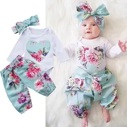 3 шт./компл. Симпатичные новорожденных для маленьких девочек Цветочный принт комбинезон + штаны + повязки; одежда 88 NSV775