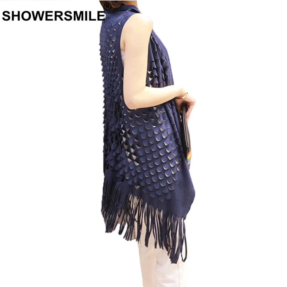 SHOWERSMILE Hollow Out Vest Women Spring Long Sleeveless Jacket Female Navy Outwear Suede Soft Elegant Tassel Ladies Plain Gilet