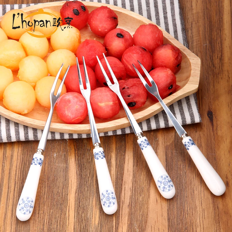 Stainless steel fruit forks Chinese traditional pattern ceramic handle