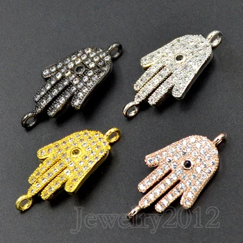 

10PCS/Lot Zircon Hamsa Hand Gem Stone Micro Pave Connector Charm Beads Bracelet Silver Gold Rose Gold Gunmetal Wholesale 14x10mm