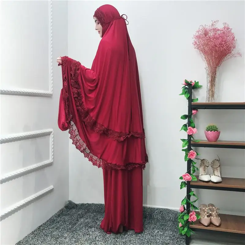 2 шт. хиджаб мусульманское платье макси абайя халат арабский Рамадан химар мусульманская молитва одежда джилбаб Ближний Восток наборы служения - Цвет: Wine Red