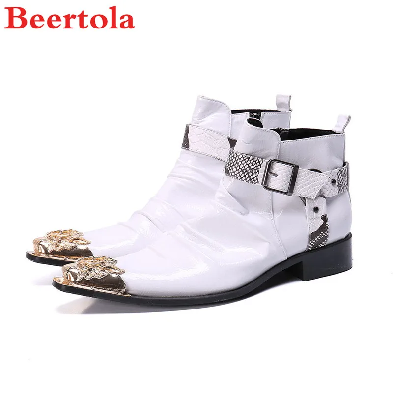 

Beertola New Men's Boots Real Leather Metal Golden Head Snakeskin Pattern Belt Ankle Boots Men Zip White Botas De Hombre Flats