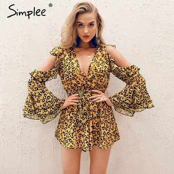 

Simplee Sexy v-neck leopard print women playsuit Elegant cold shoulder short jumpsuit romper Sashes summer casual overalls 2019