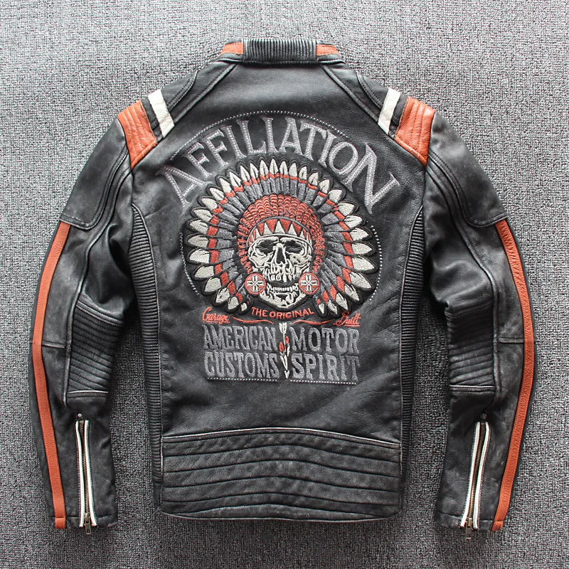 

2018 Vintage Black Men Leather Motorcyclist Jacket Skull Embroidery Plus Size 3XL Genuine Cowhide Short Biker Coat FREE SHIPPING