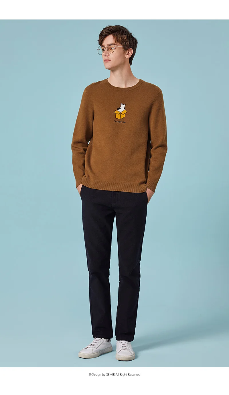 SEMIR 2018 осень-зима шерстяной свитер мужской повседневный однотонный пэчворк с круглым вырезом пуловер Мужской брендовый приталенный