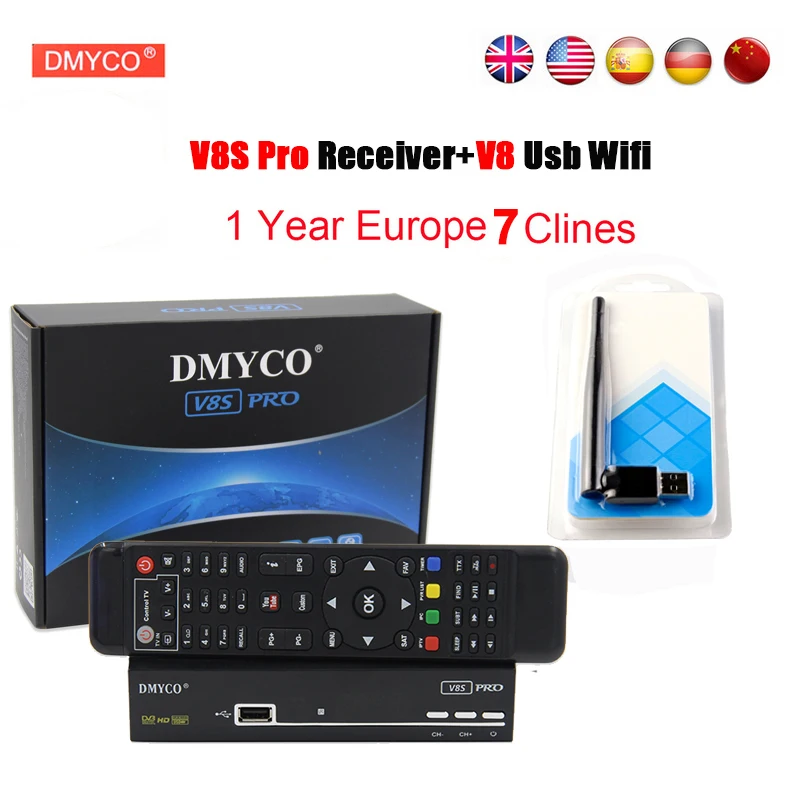 

1 Year Europe Cline Server HD DMYCO Spain V8S PRO DVB-S2 Satellite Receiver Full HD 1080P With USB WIFI Antenna V8S PRO Receptor