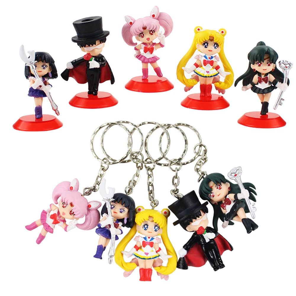 

4-5cm 5pcs/lot sailor moon keychain or sailor moon figure with red base Chiba Mamoru Chibiusa Tenoh Haruka Kaiou Michiru toys