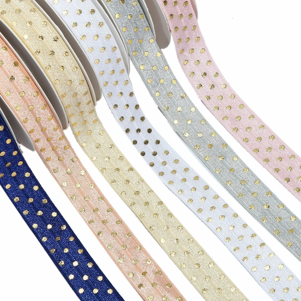 

22 colors 5/8" gold foil dots printed FOE fold over elastic for FOE ties garment cloth accessories 100 yards per lot