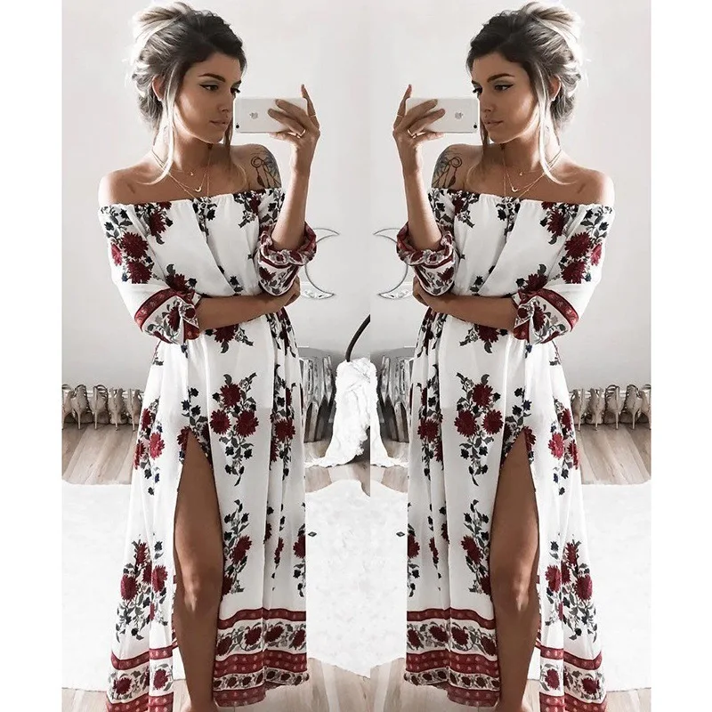 Bohemia thời trang nữ slash cổ dresses floral print vestidos mùa xuân bãi biển summer sun khe lỏng lady dress