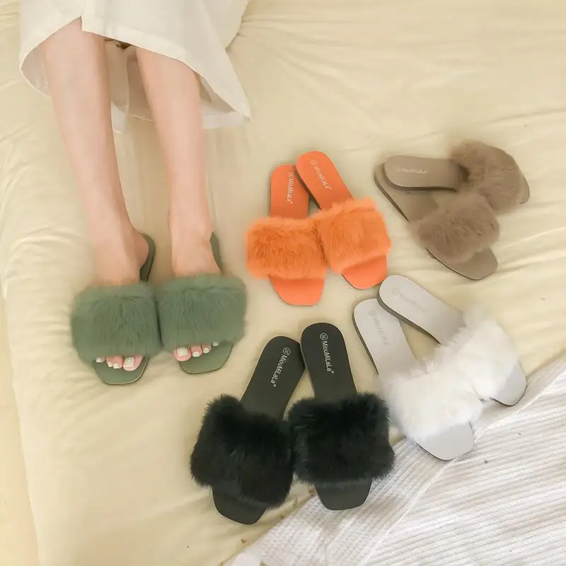

Real Rabbit Fur Women Slides Flat Heel Slippers Slip-on Lady Furry Shoes