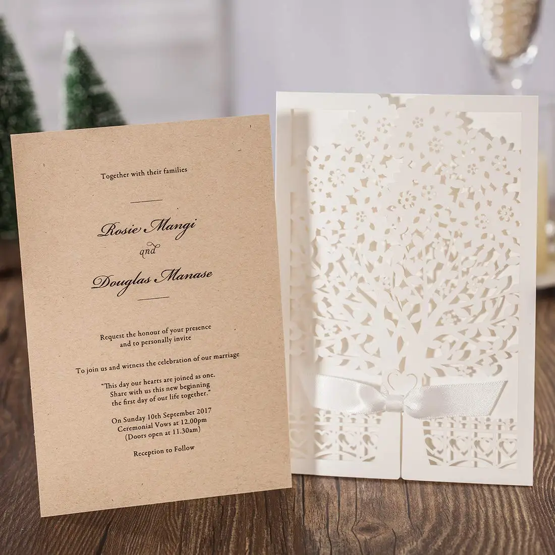  12Pcs White Laser Cut Wedding Invitations Tree and Fence Birthday Gift Card with envelopes for marr - 32989032847