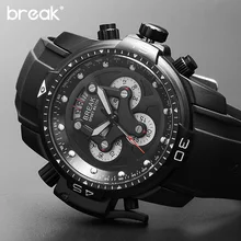 BREAK Unique Men Top Luxury Brand Casual Fashion Rubber Band Sport Wristwatches Man Quartz Chronograph Army