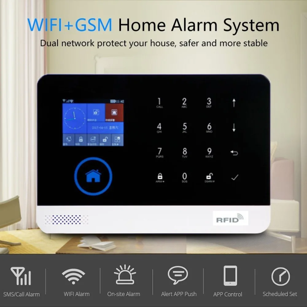 

LESHP 2G WIFI GSM GPRS Switchable RFID Card Wireless Home Security Disarm Alarm System APP Remote Control