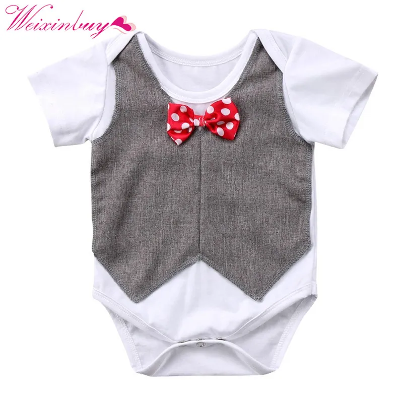 Baby Bodysuits Baby Boy Clothes Bowtie Plaid Gentleman Baby Boy Jumpsuits  Short Sleeve Floral Neck Children's Clothing 2018