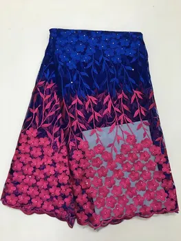 

Free Shipping Royal Blue Color Embroidery African Lace Fabric Swiss Guipure Lace Fabric With Beaded For Nigerian Wedding Dresses