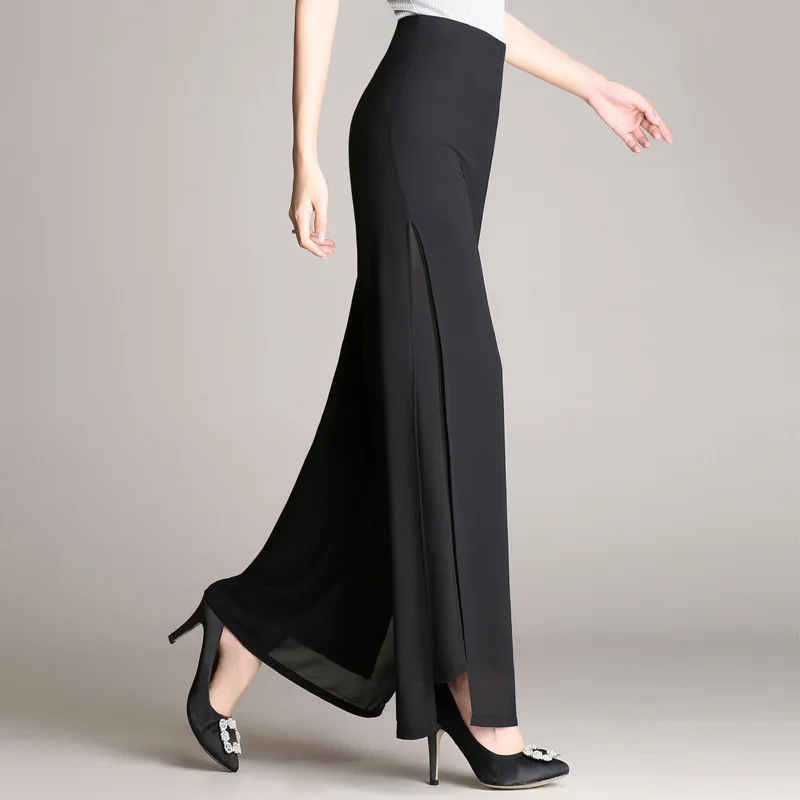 Горячая Распродажа летние новые женские широкие брюки женские с высокой талией двухслойные шифоновые брюки свободные черные элегантные