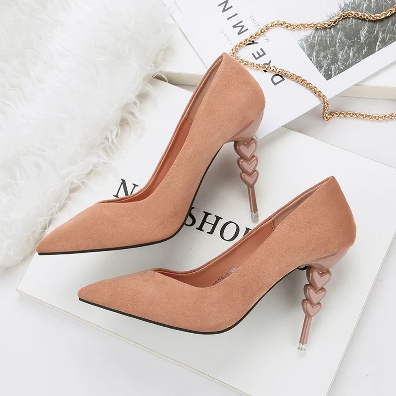 

HENGSCARYING Woman 10CM Strange High Heels Female Sexy Red Suede Shoes Pointed Toe Heart-shaped Heels Flock Scarpins Pumps