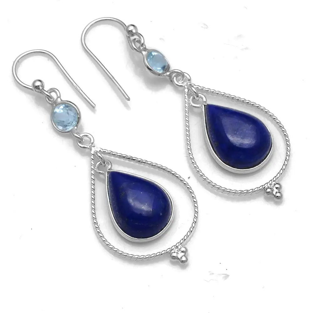 

Genuine Lapis Lazuri + Blue topaz 925 Sterling Silver Earrings, 38.5 mm, 2SE0508