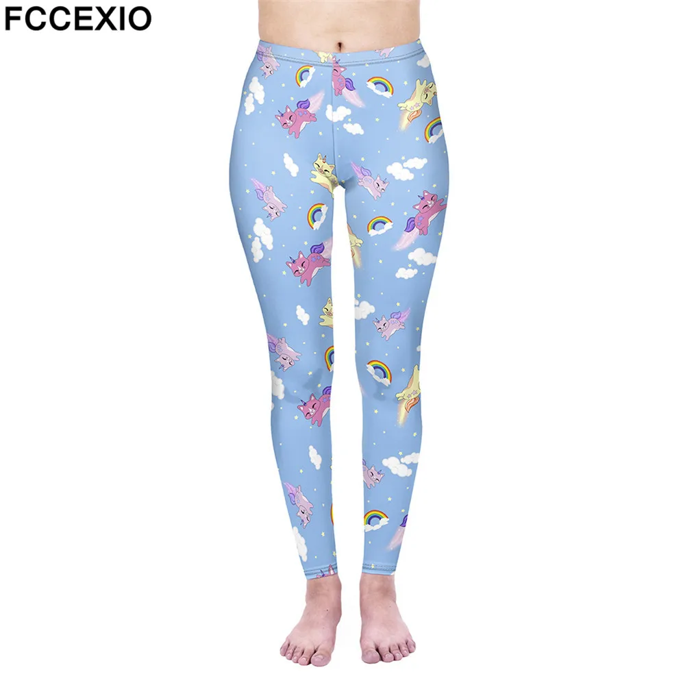 

FCCEXIO New Design Female Workout Pants High Waist Fitness Leggings Unicorn Cat 3D Print Leggins Women Leggings Slim Trousers