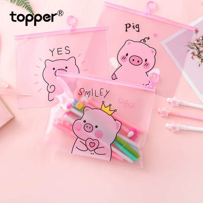 

Folder small fresh transparent matte pink pig storage bag file bag PVC file bag student stationery bag pencil case