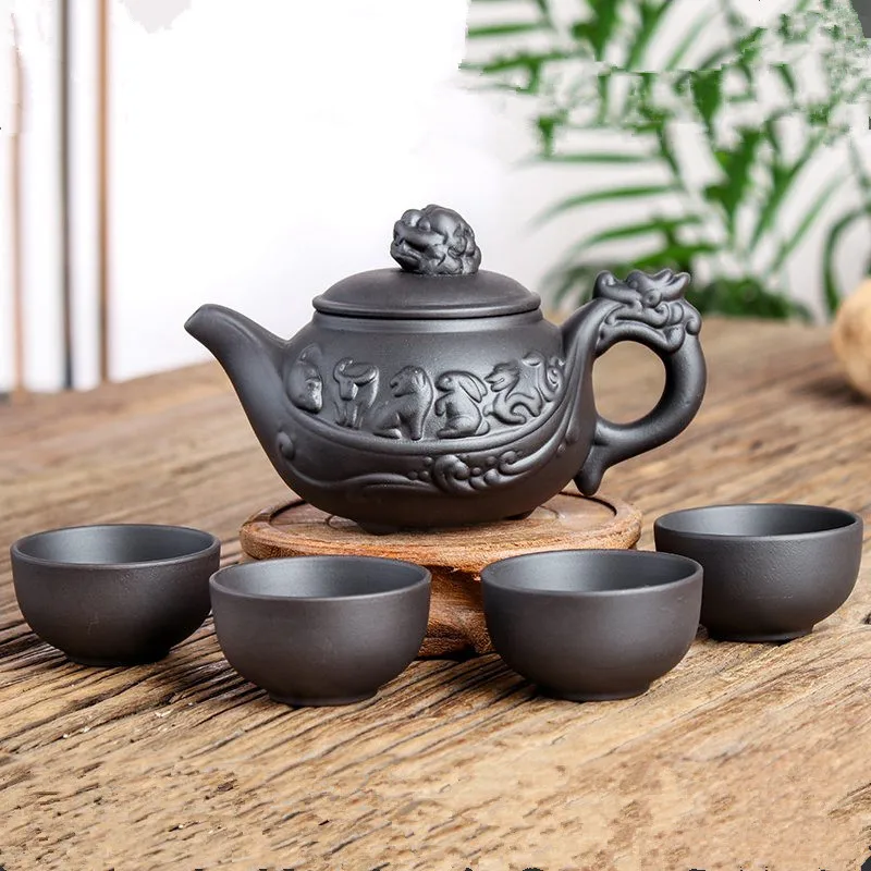 

Handmade Zodiac Zisha Teapot Yixing Tea Pot 150ml Chinese Kung Fu Set Ceramic Teapots With 4 Tea Cup Sets