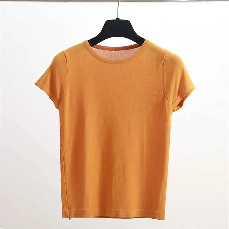 EZSSKJ, Базовая Трикотажная футболка, женская летняя футболка с коротким рукавом, высокая эластичность, женская футболка с круглым вырезом, повседневный однотонный укороченный топ - Цвет: Оранжевый